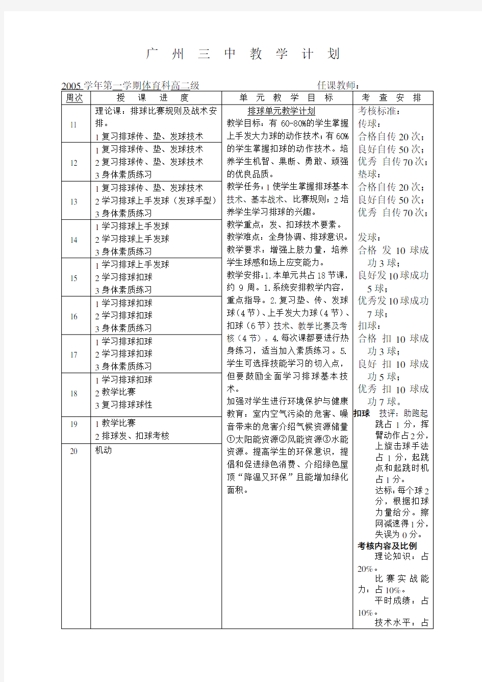 高一年级排球选修全套教案