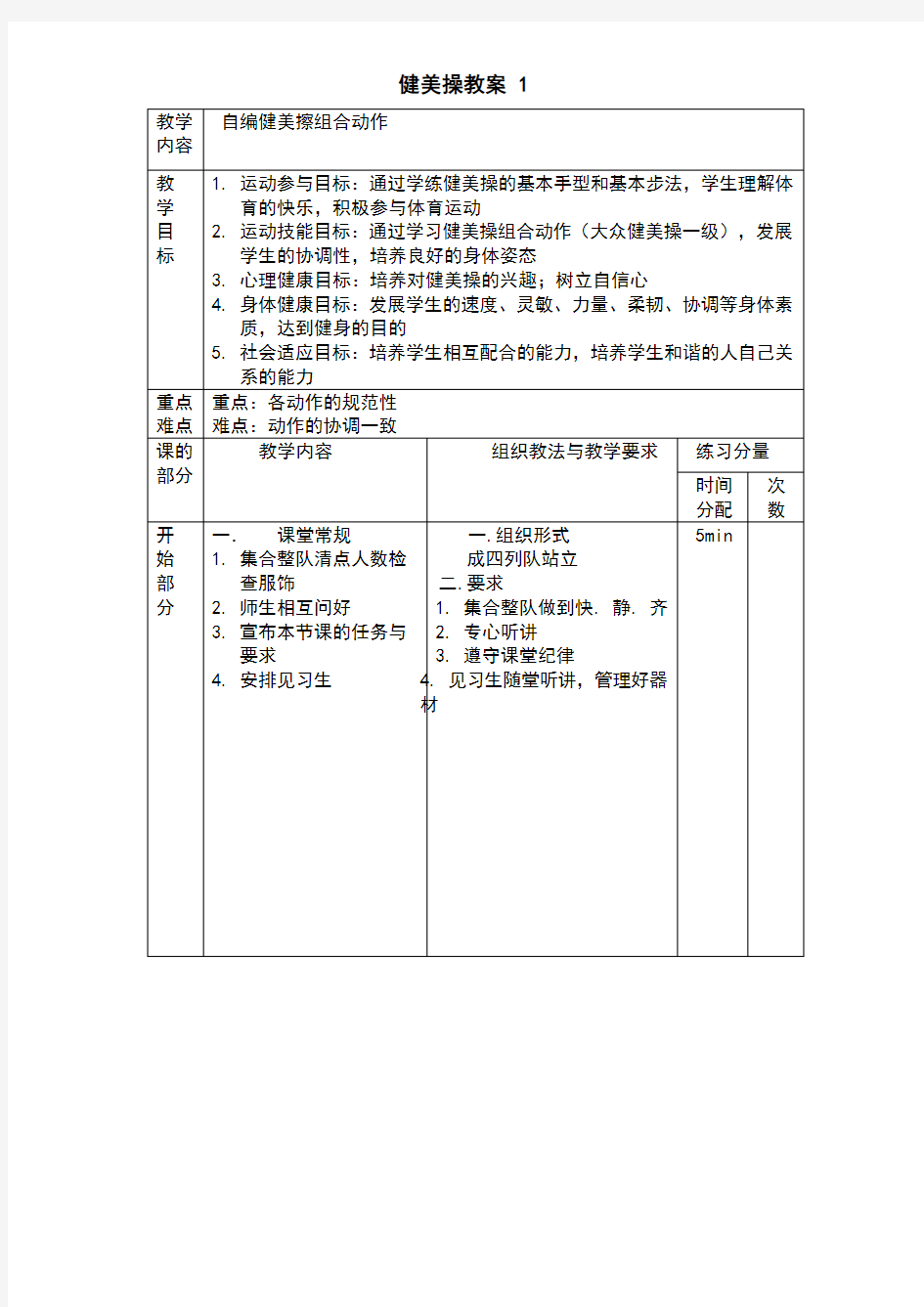 大众一级健美操教案全套