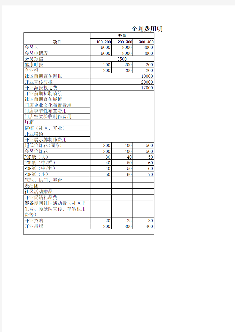 P31新店开业资金预算模板表