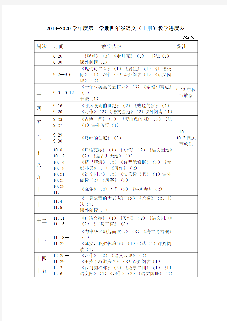 2019-2020学年度第一学期四年级语文教学进度表