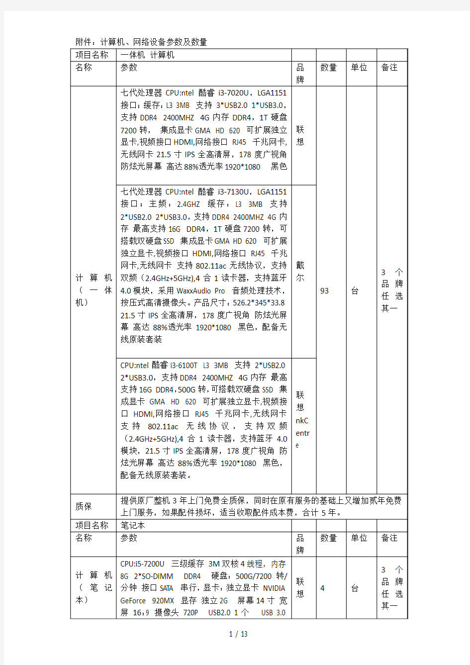 计算机、网络设备参数及数量