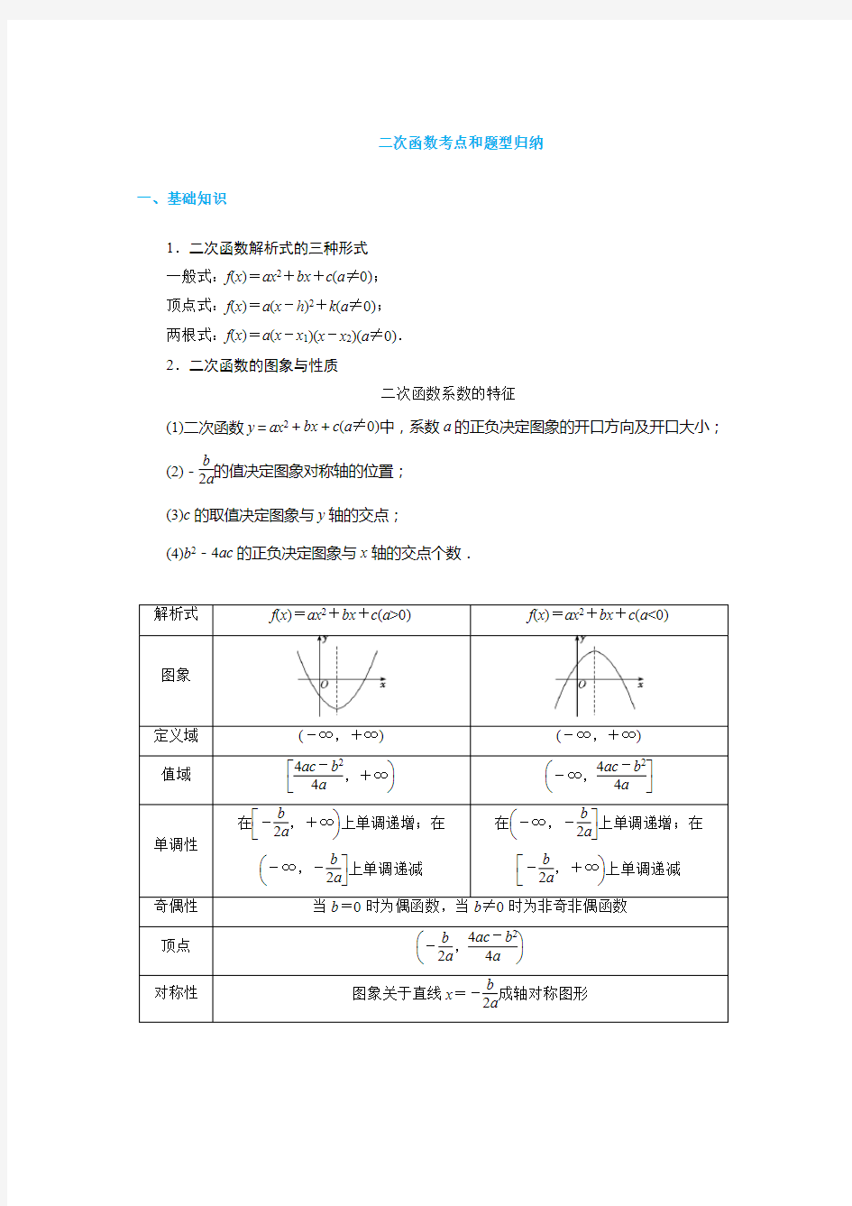 二次函数考点和题型归纳