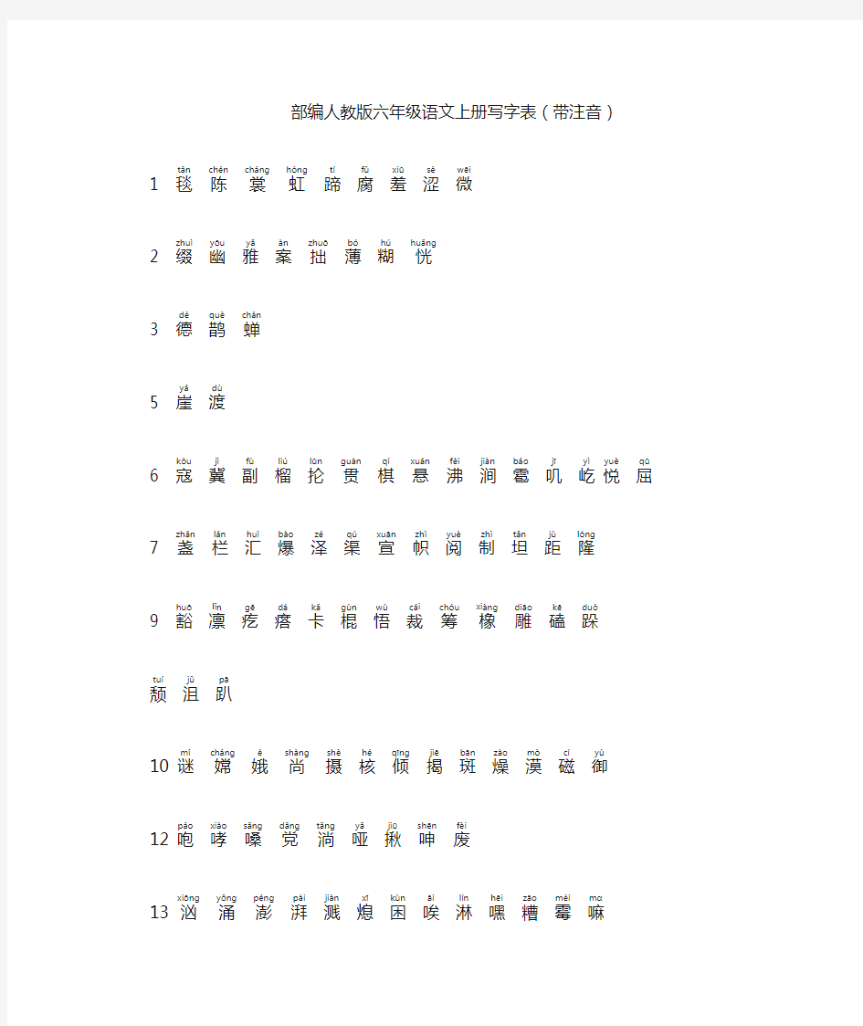 部编人教版六年级语文上册写字表(带注音)