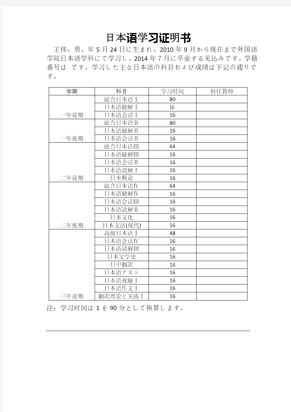 日本语学习证明书