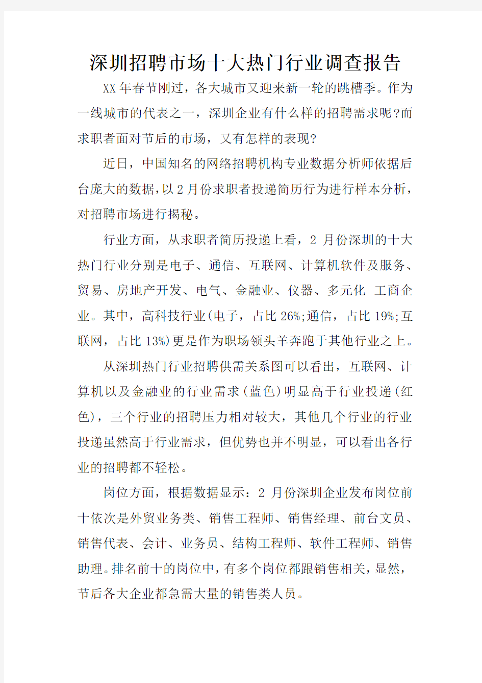 深圳招聘市场十大热门行业调查报告