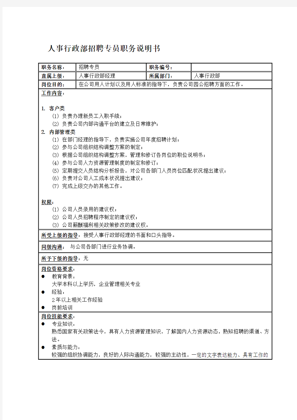 公司人事行政部招聘专员职务说明书