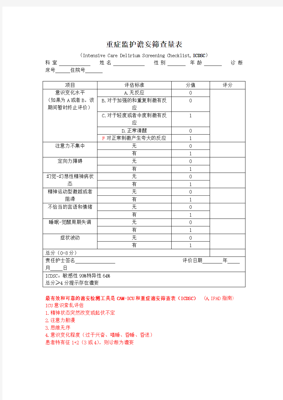 重症监护谵妄筛查量表