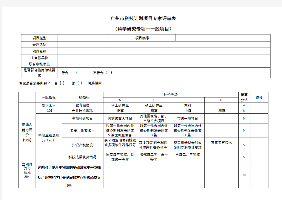 广州市科技计划项目专家评审表【模板】