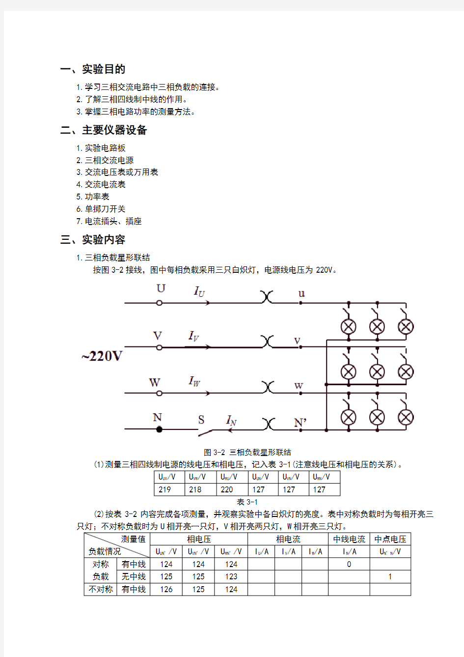 电工电子学实验报告_实验三_三相交流电路