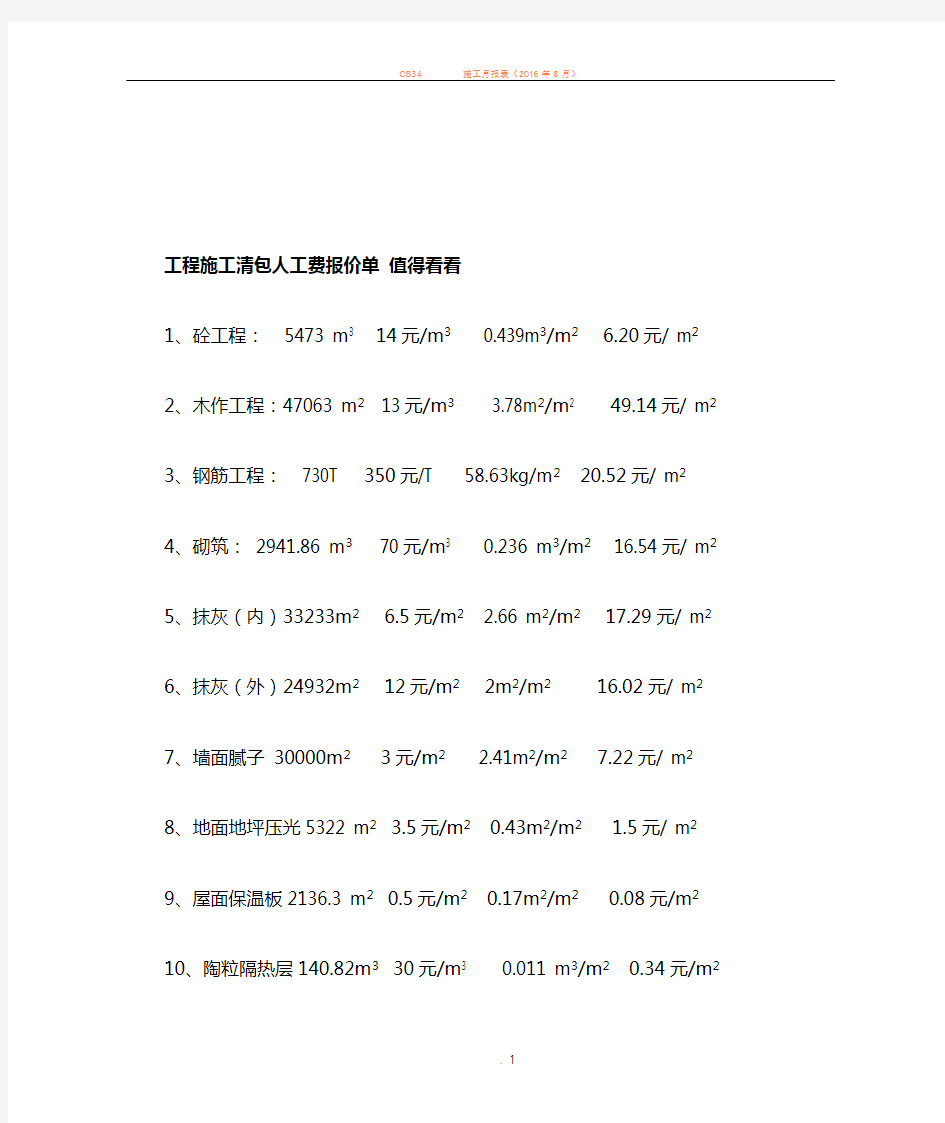 工程施工清包人工费报价单