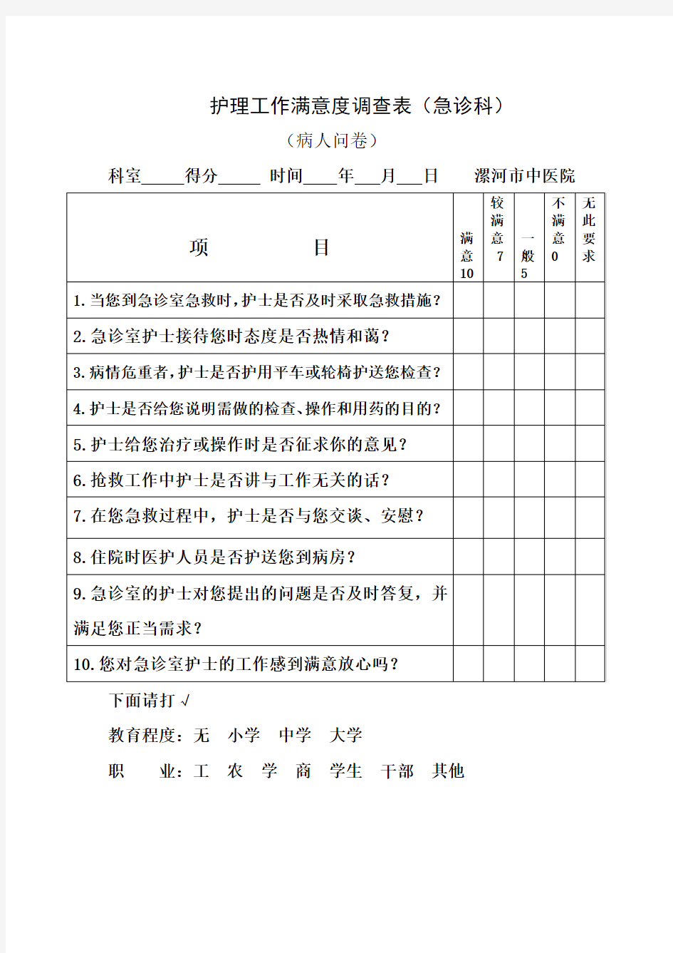 (推荐)急诊满意度调查表