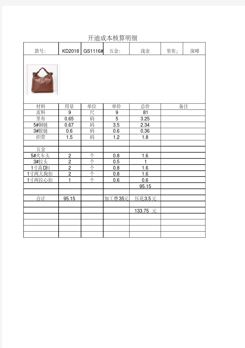 excel成本核算表