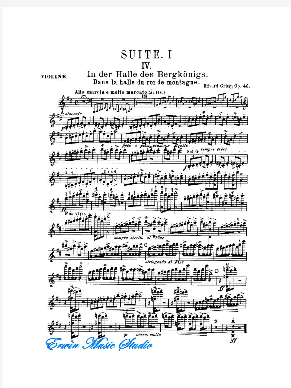 Violin爱德华格里格培尔金特第一组曲4.在天王殿山作品.46,小提琴曲谱 钢琴伴奏曲谱EdvardGrieg,Pe