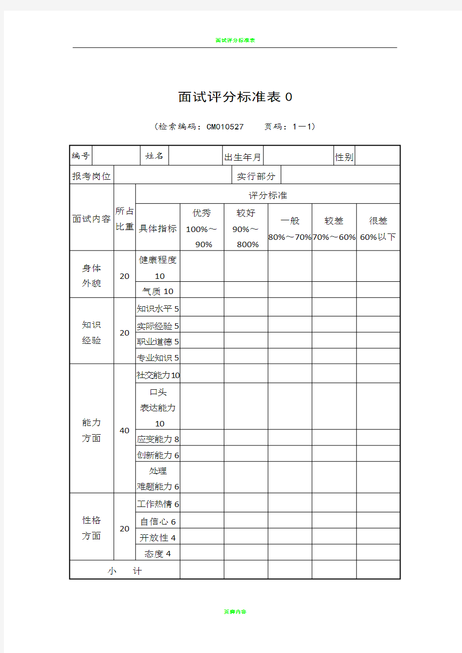 面试评分标准表99411