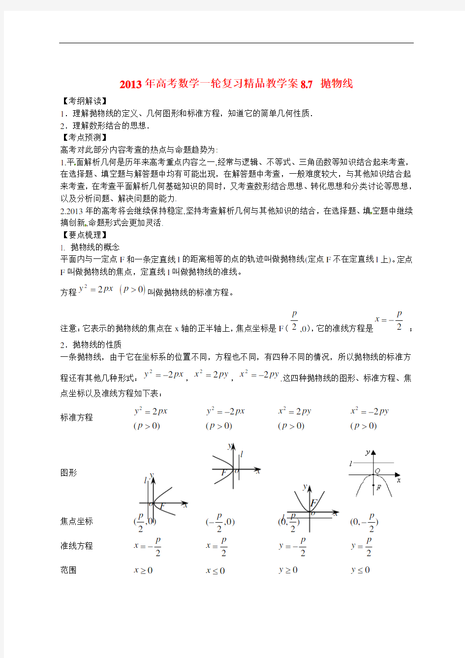 高考数学一轮复习精品教学案8.7 抛物线(教师版) 新人教版