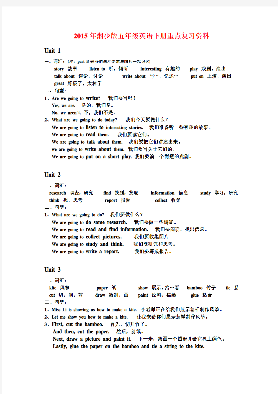 2015年湘少版五年级英语下册重点复习资料