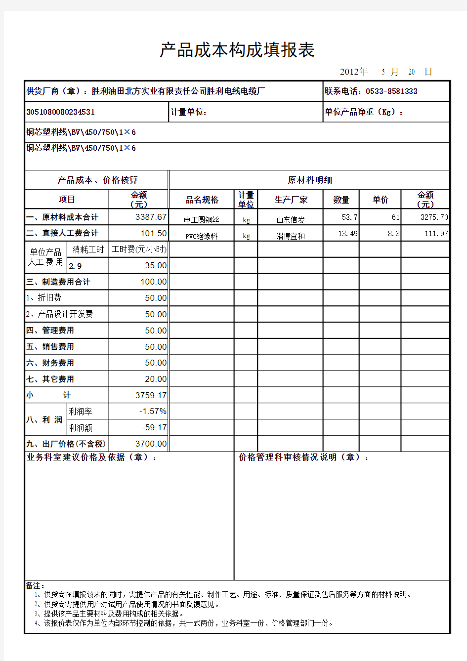 产品成本构成表