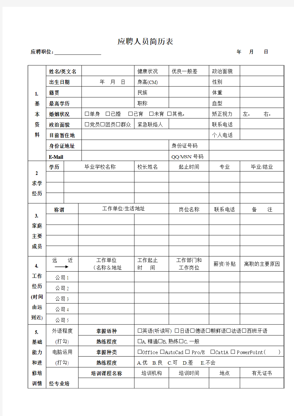 应聘人员简历表1