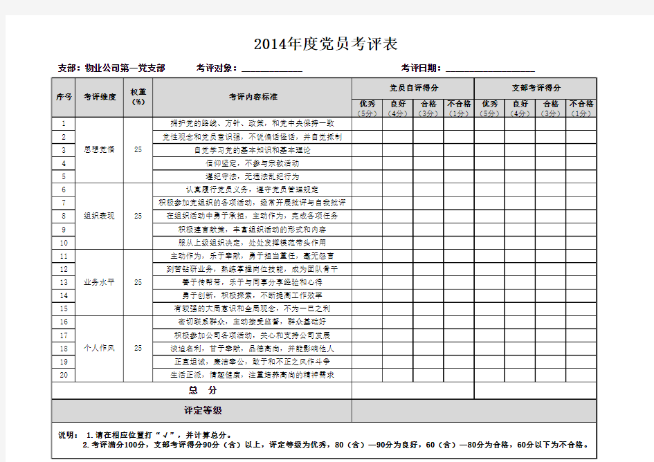 党员考评表