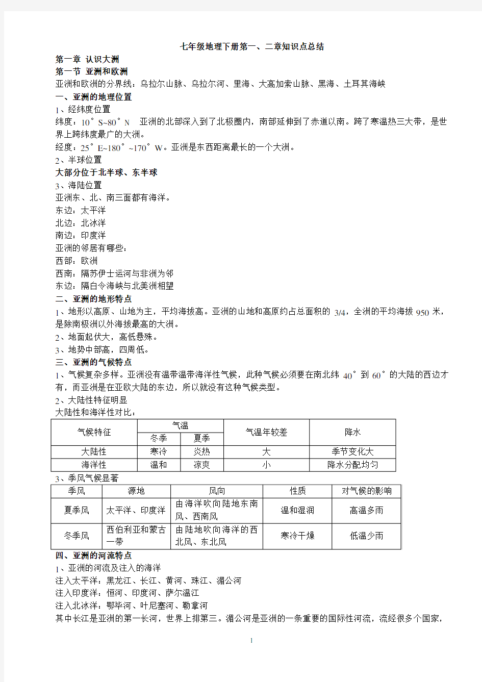 七年级地理下册第一、二章知识点总结