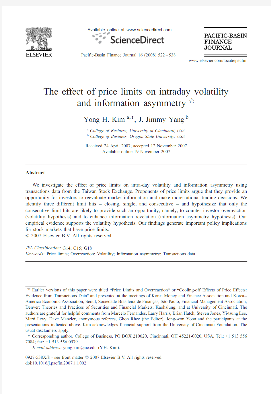 the effect of price limits on intraday volatility and information asymmetry