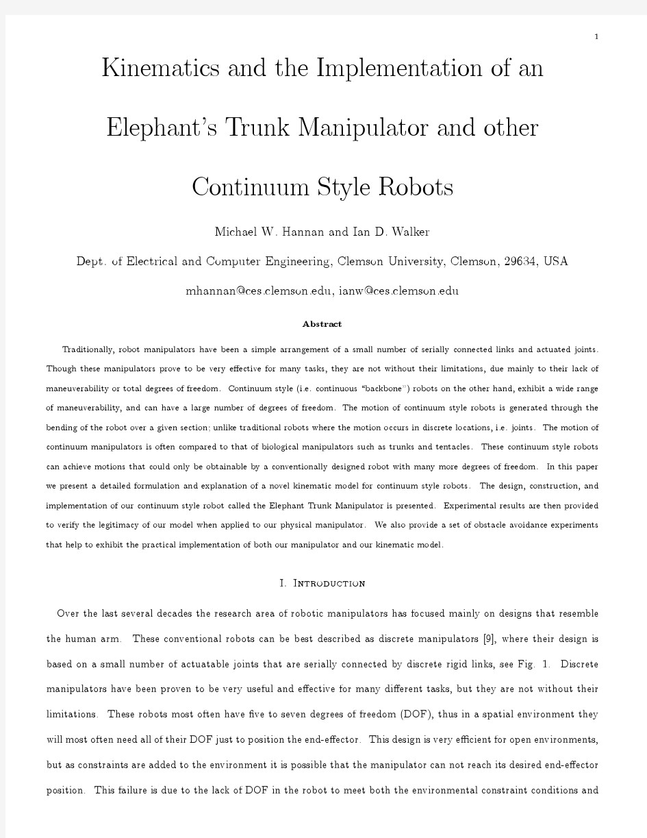 Kinematics and the Implementation of an Elephant's Trunk Manipulator and Other Continuum St