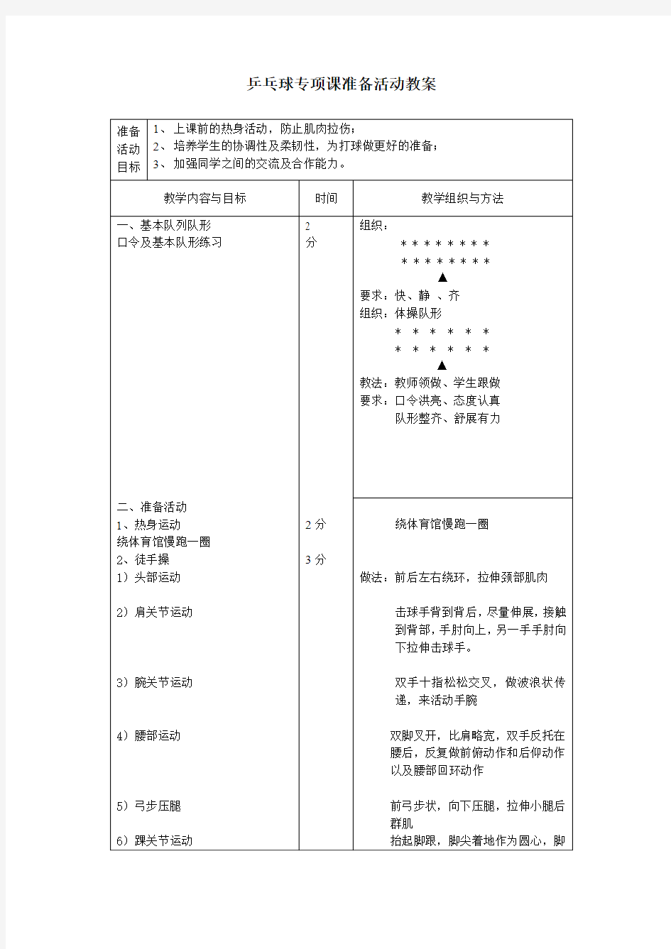 乒乓球专项准备活动教案