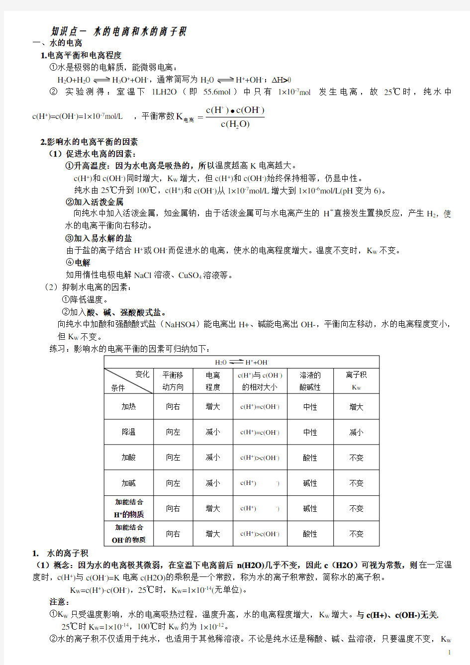 水的电离和溶液的酸碱性知识点