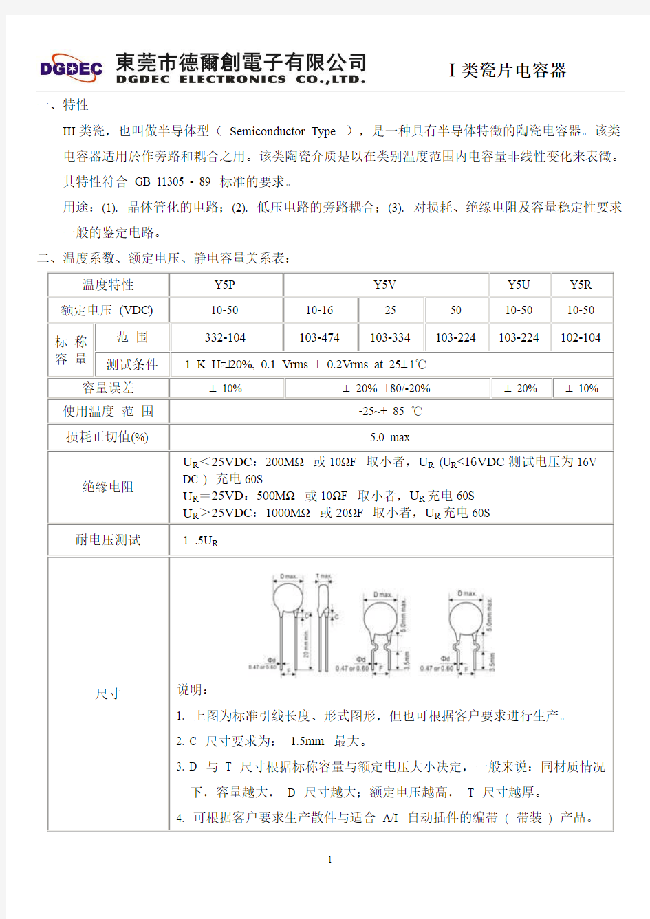 III类瓷片电容器规格