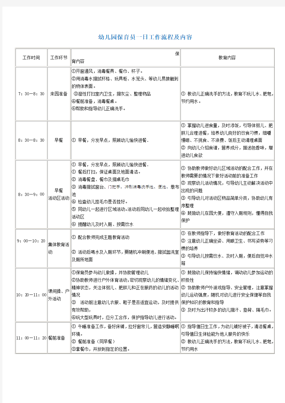 幼儿园保育员一日工作流程及内容