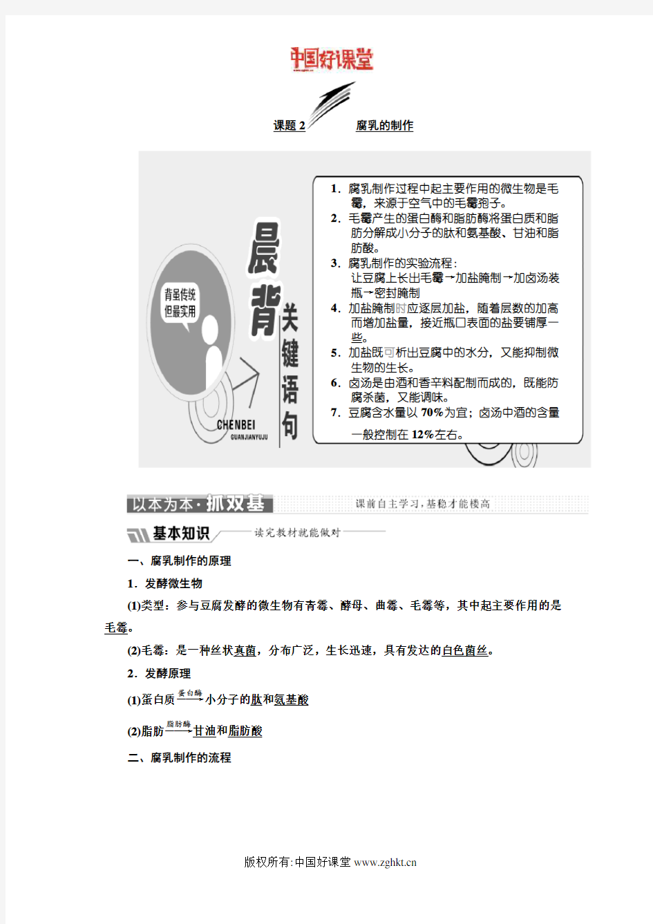 2016新课标三维人教生物选修1   专题一  课题2  腐乳的制作