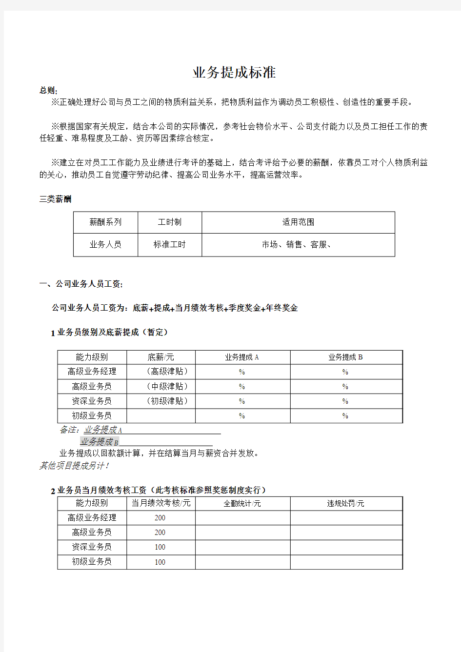 业务员提成方案范本