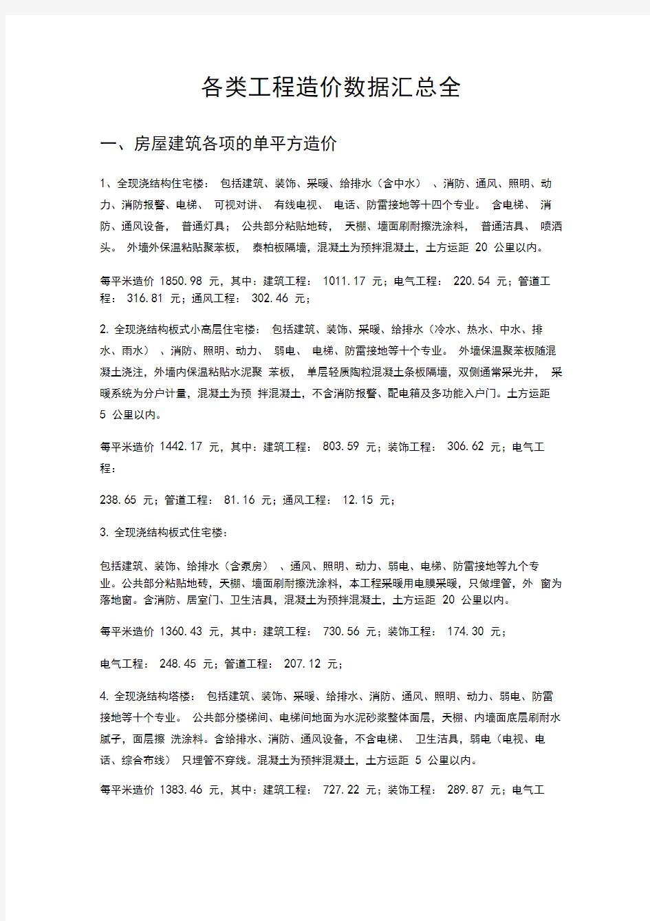 各类工程造价数据汇总全