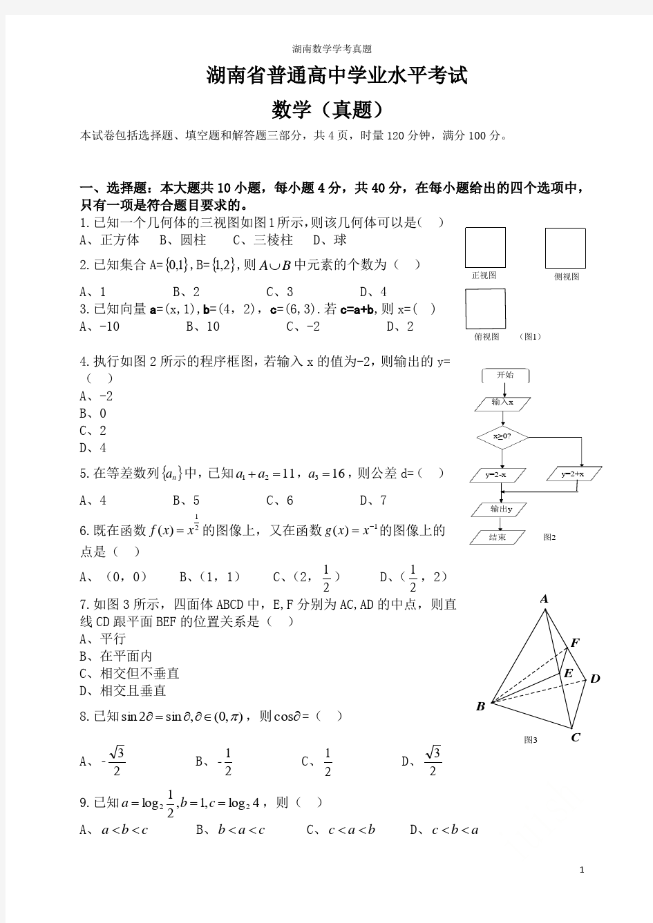 湖南数学学考真题(2009-2017)