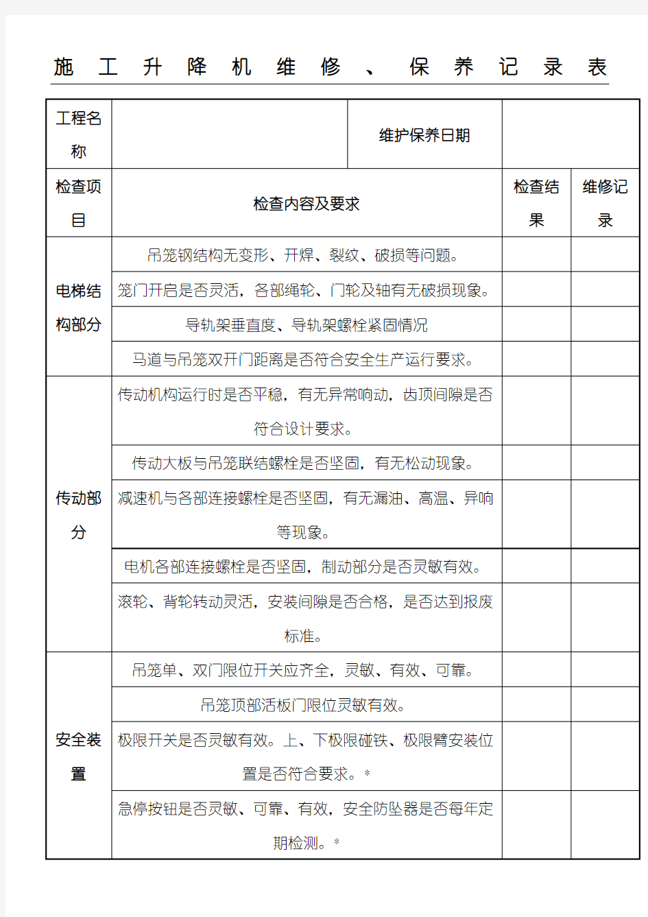 现场施工升降机维修保养记录表格模板 (1)