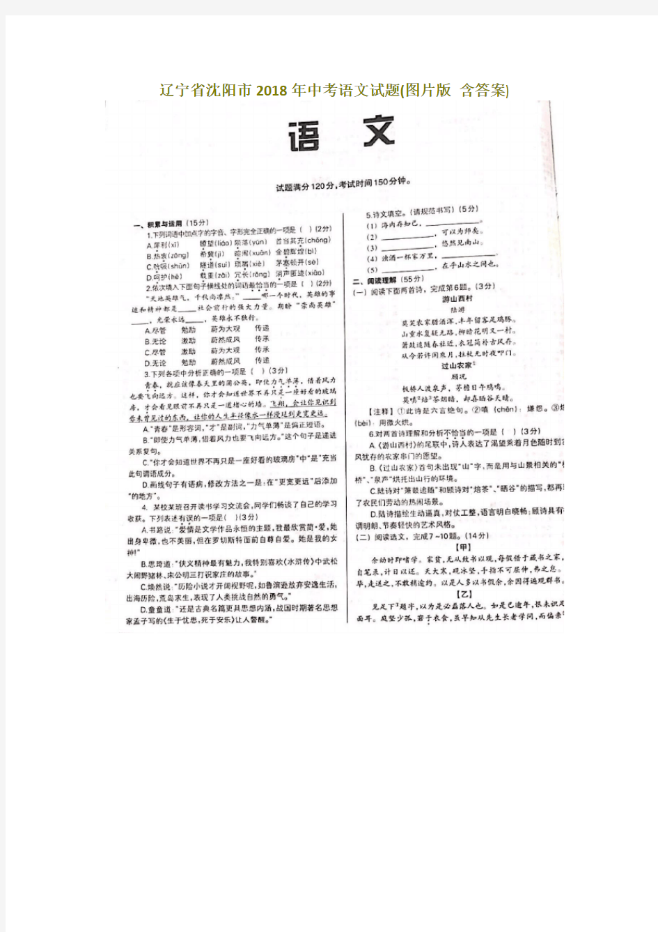 辽宁省沈阳市2018年中考语文试题含答案