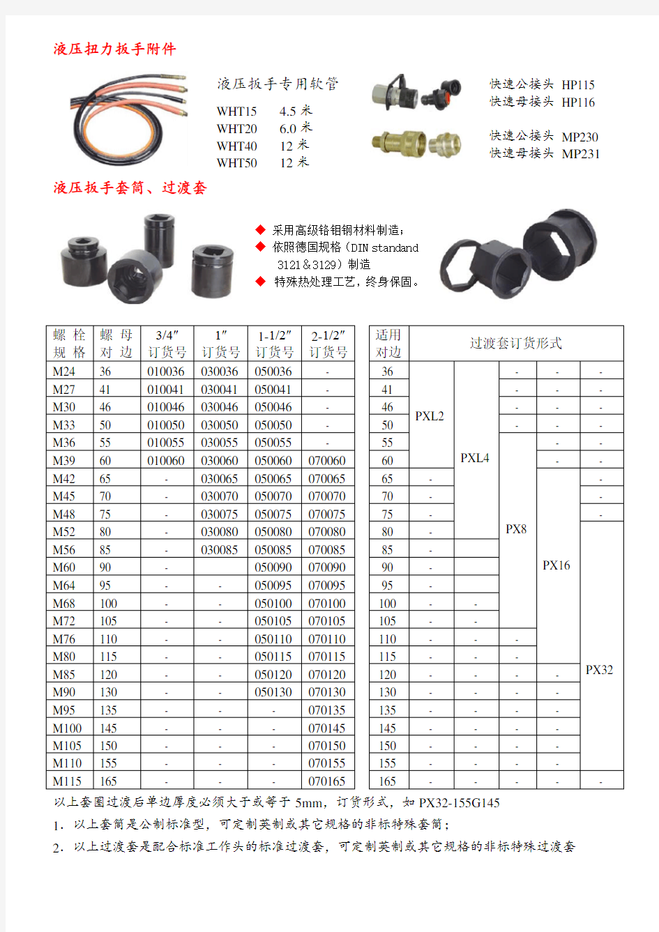 液压扭力扳手附件及扭矩对照表