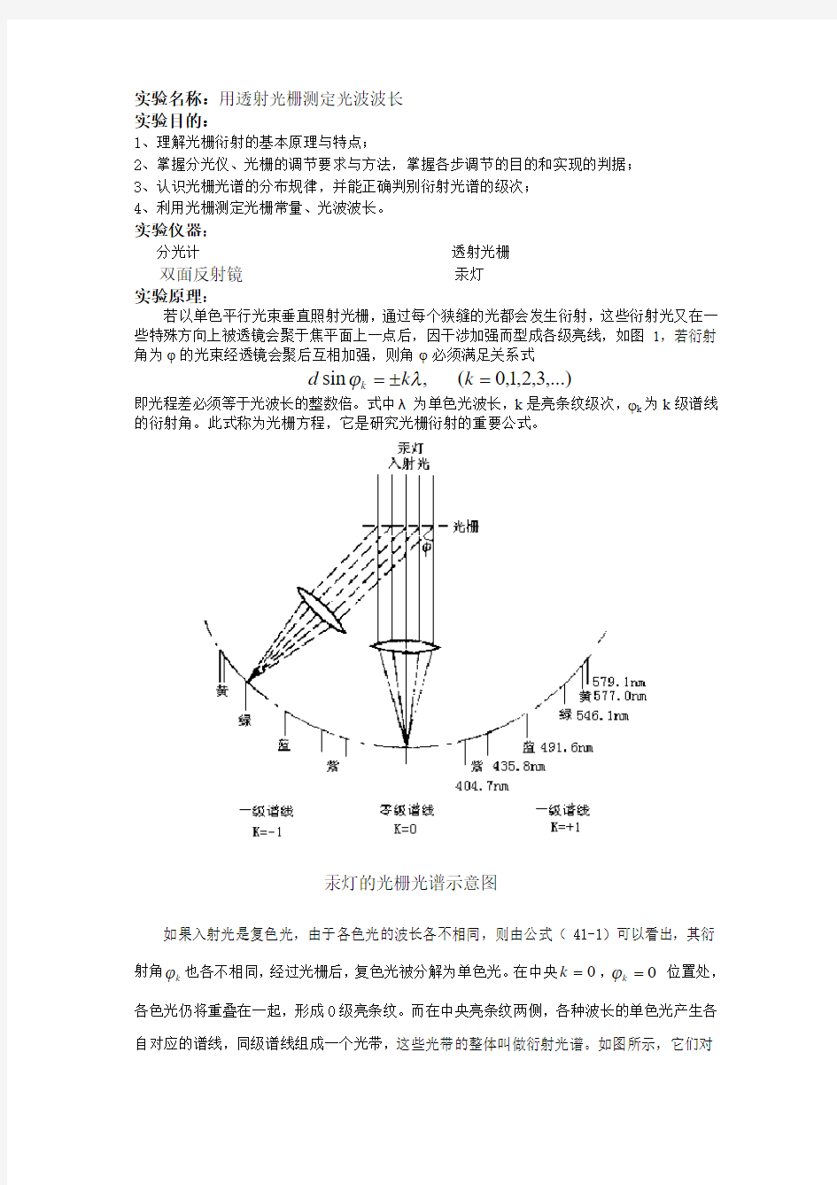 大学物理实验教案-用透射光栅测定光波波长