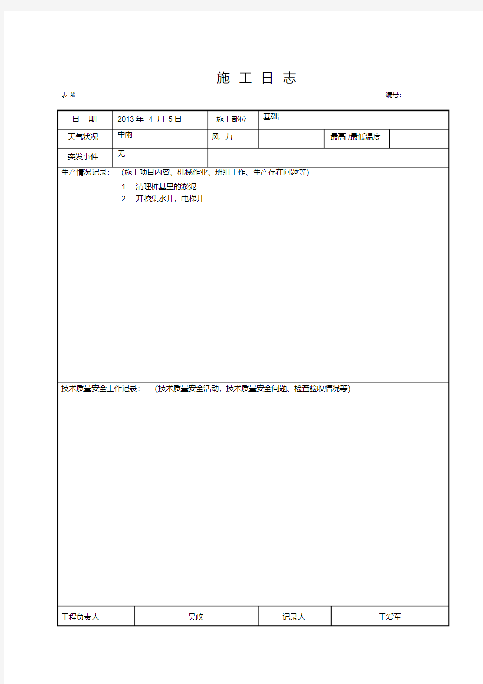 施工日志空白表格