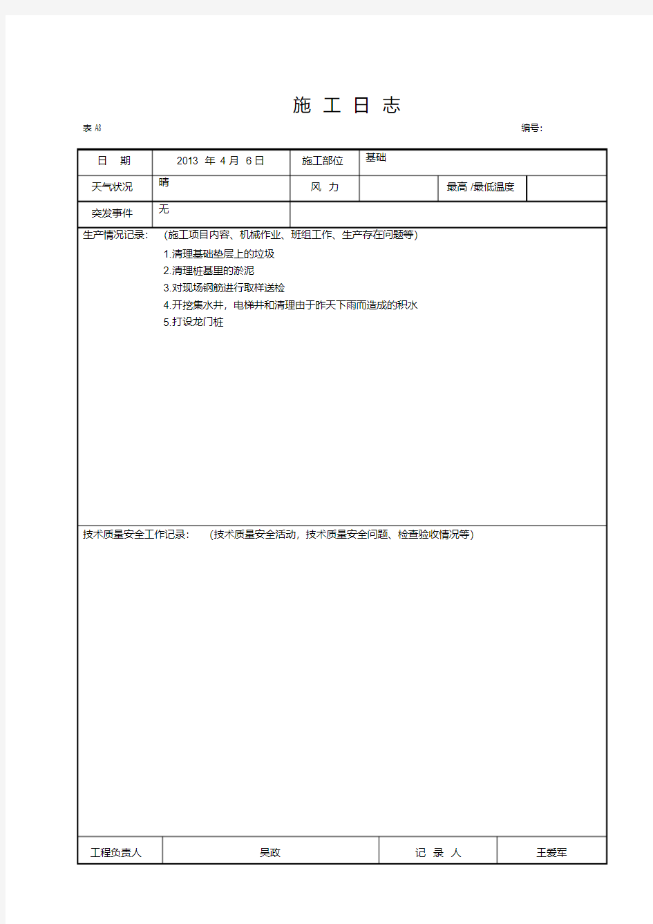 施工日志空白表格