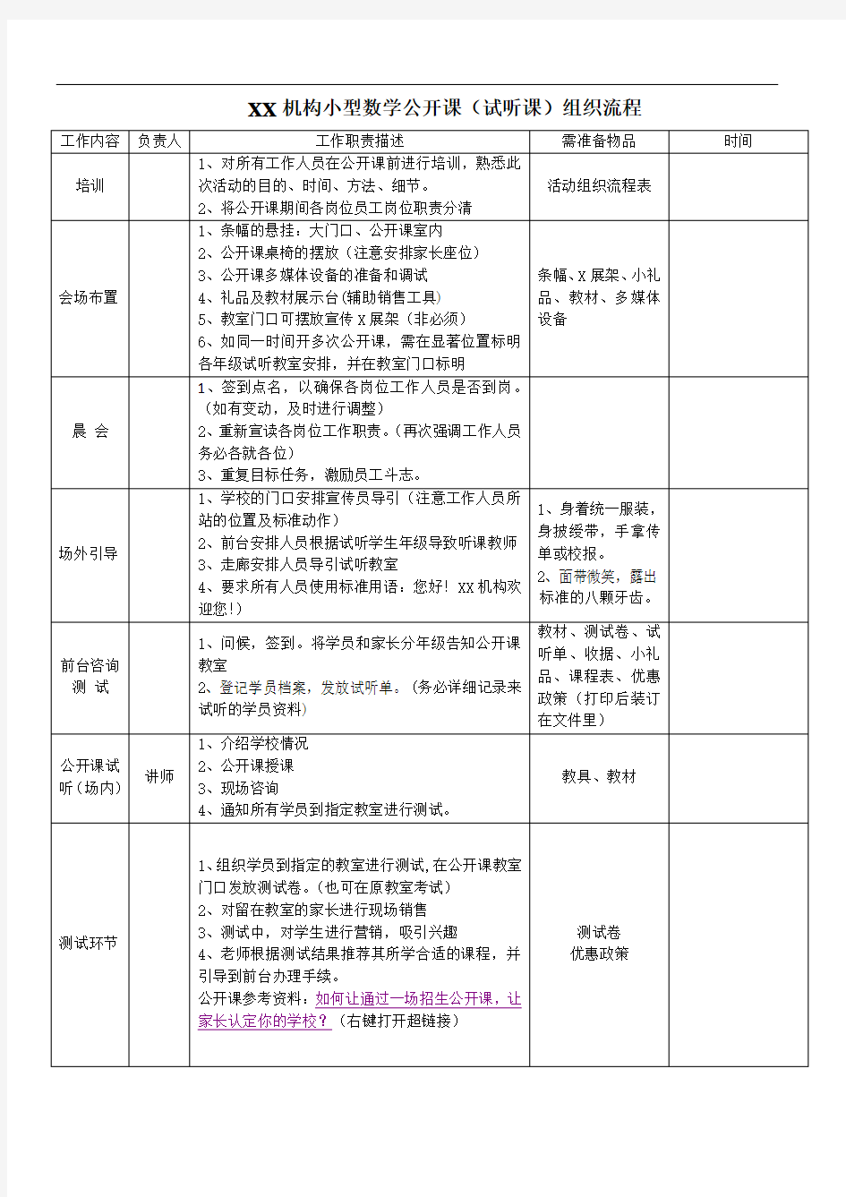 培训机构数学公开课组织流程