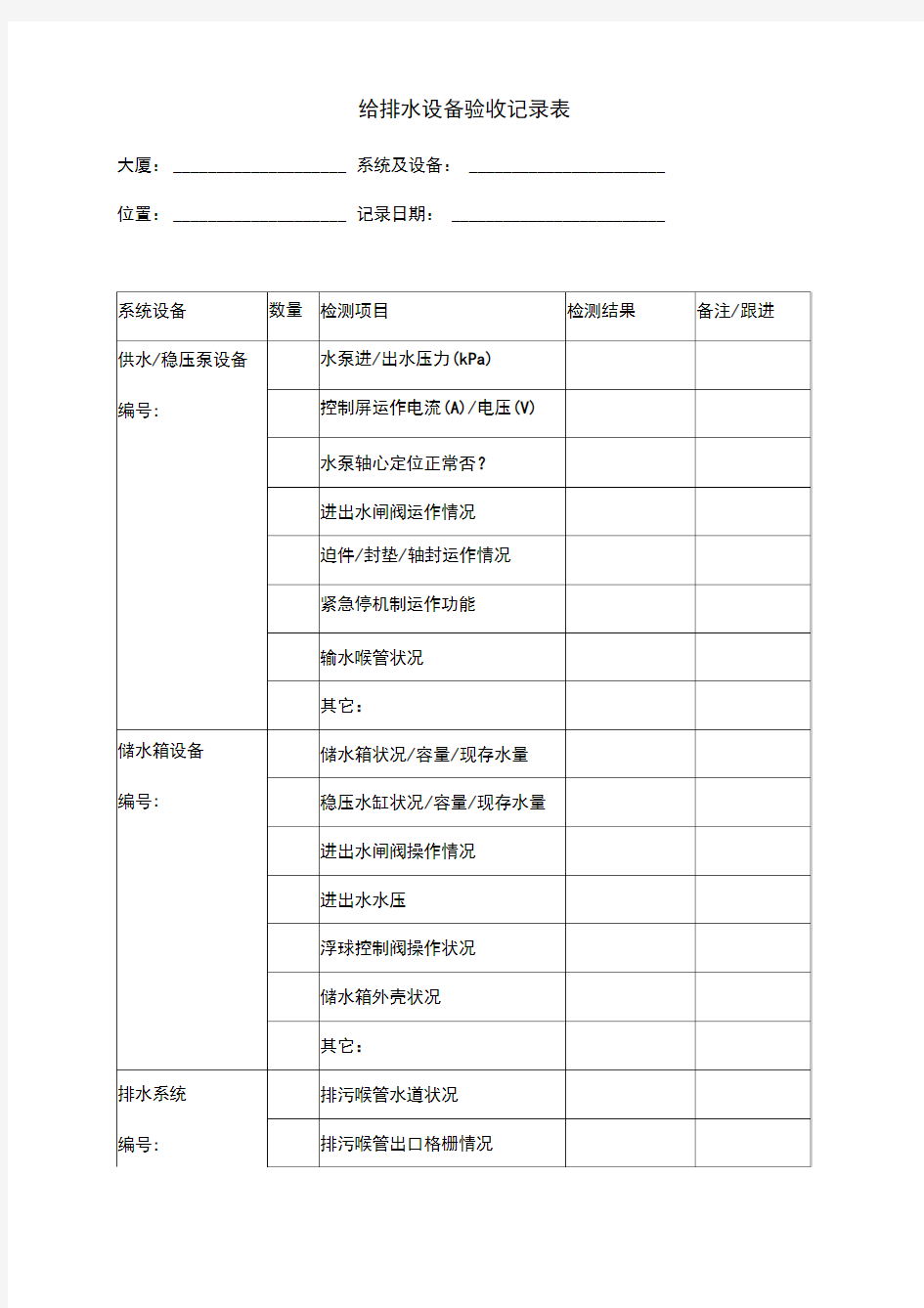 给排水设备验收记录表