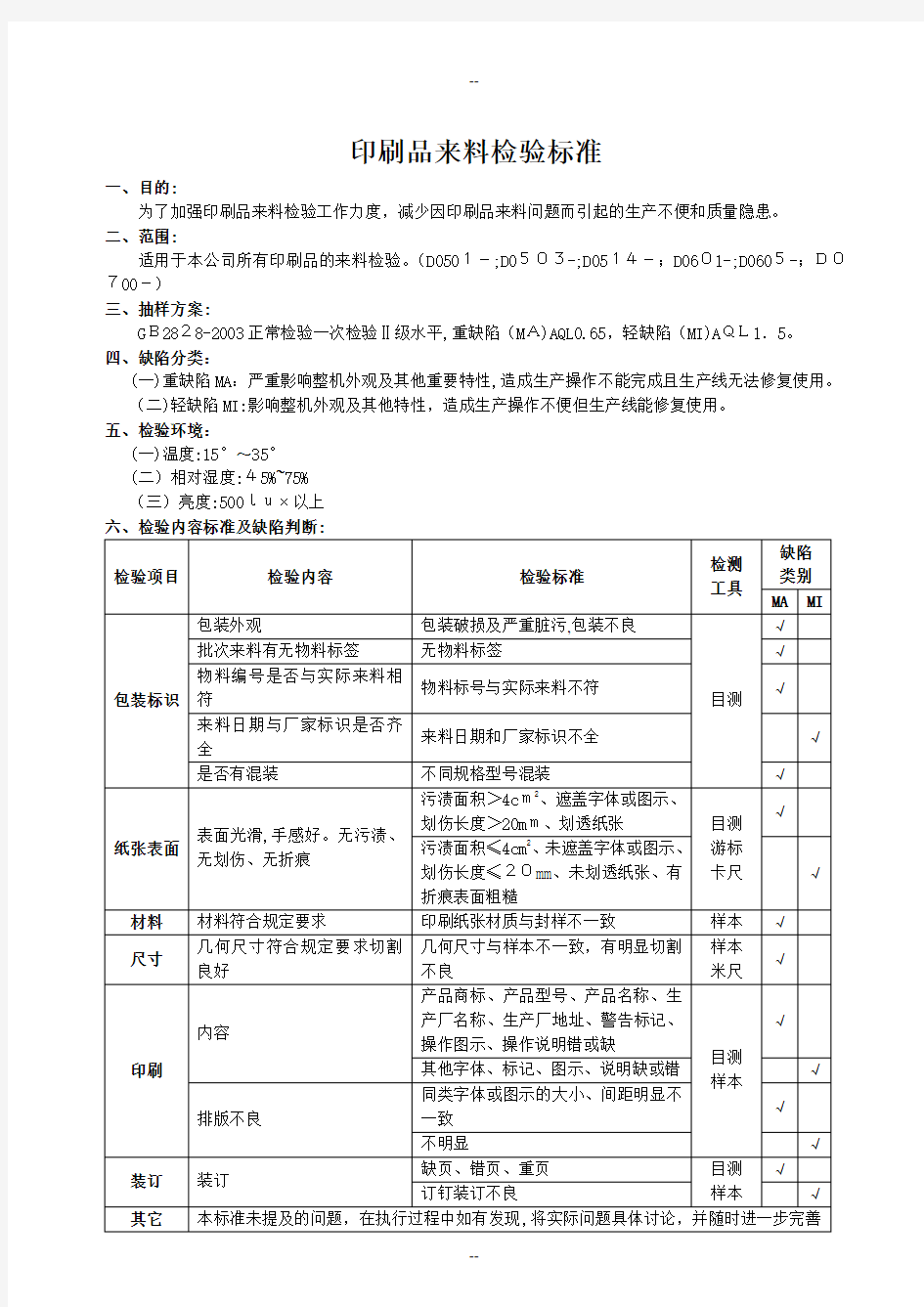 印刷品来料检验标准