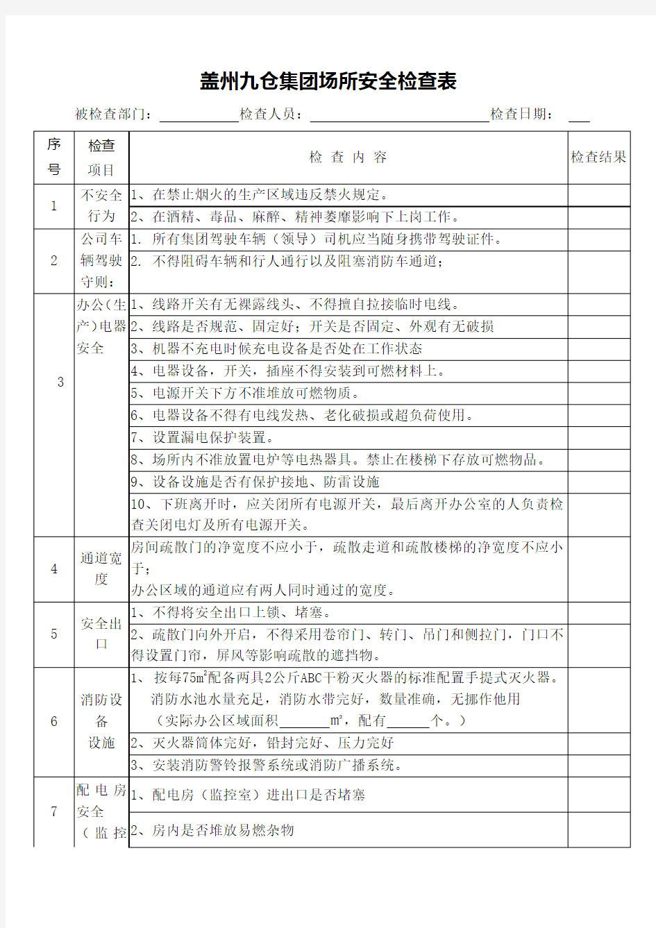 办公场所安全检查表