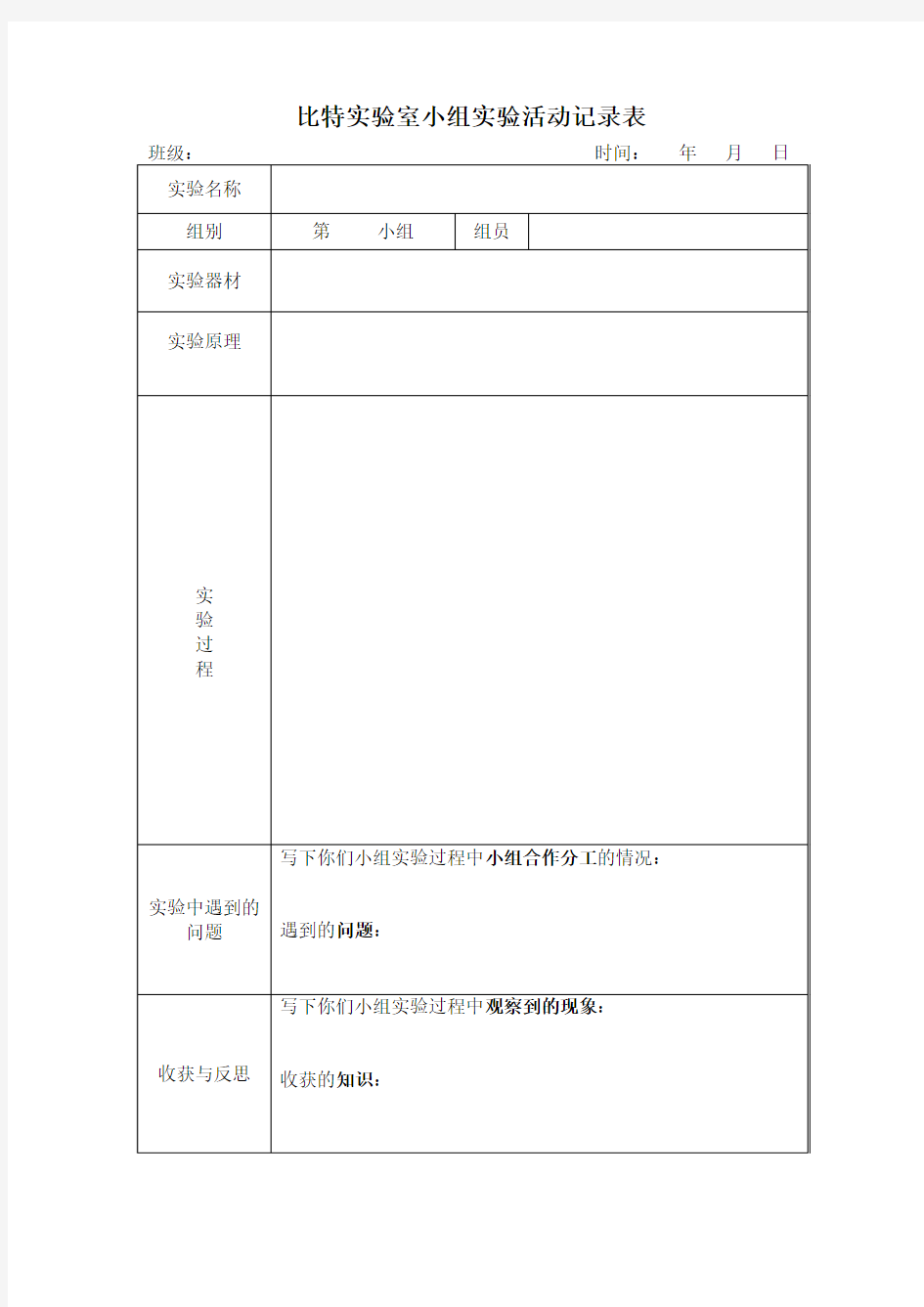 比特实验室小组实验活动记录表