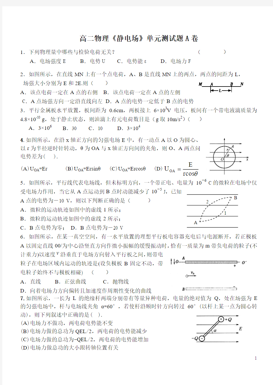 高二物理[静电场]单元测试题(附答案)