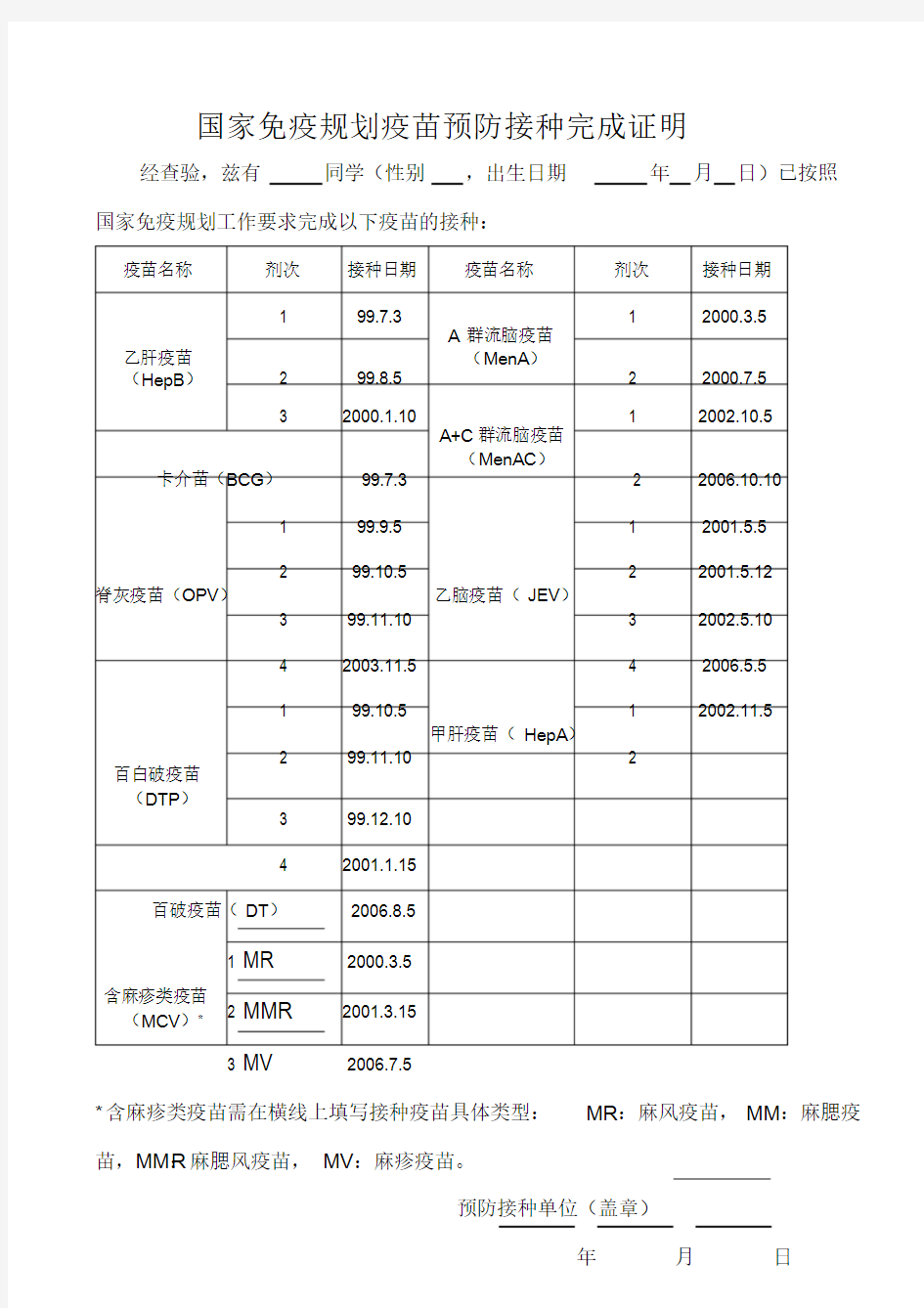 国家免疫规划疫苗预防接种完成证明样本.doc