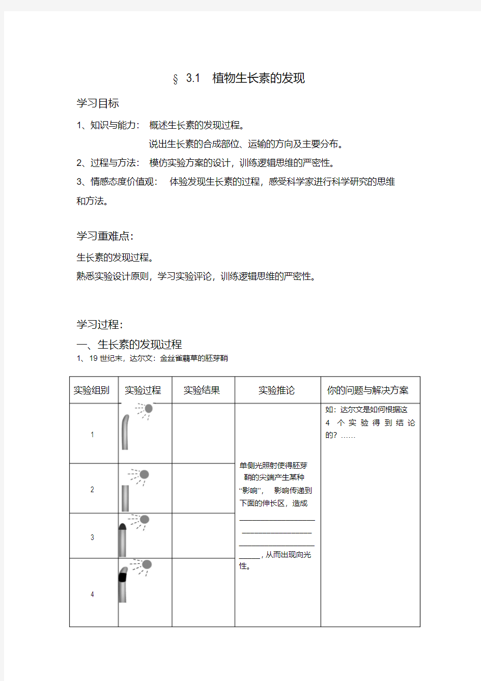 最新植物生长素的发现-导学案-教案doc资料