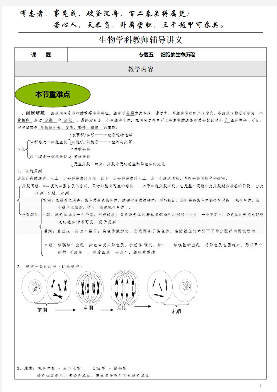 专题五 教案 细胞的生命历程概论