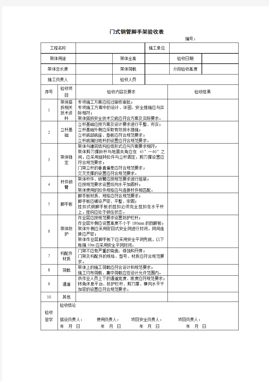 门式钢管脚手架验收表